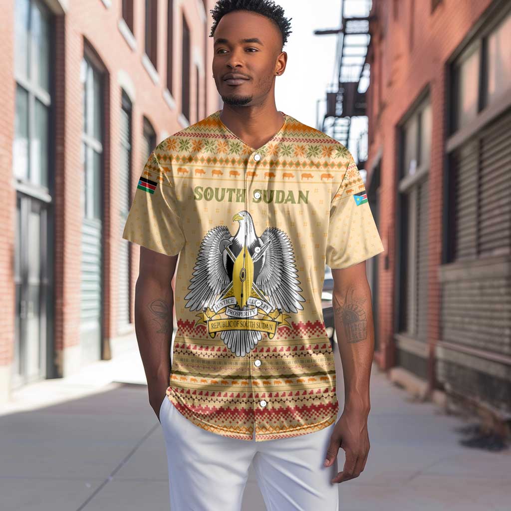 South Sudan Christmas Baseball Jersey Beige Tribal Pattern, National Emblem, and Green Star Motif - African Pride