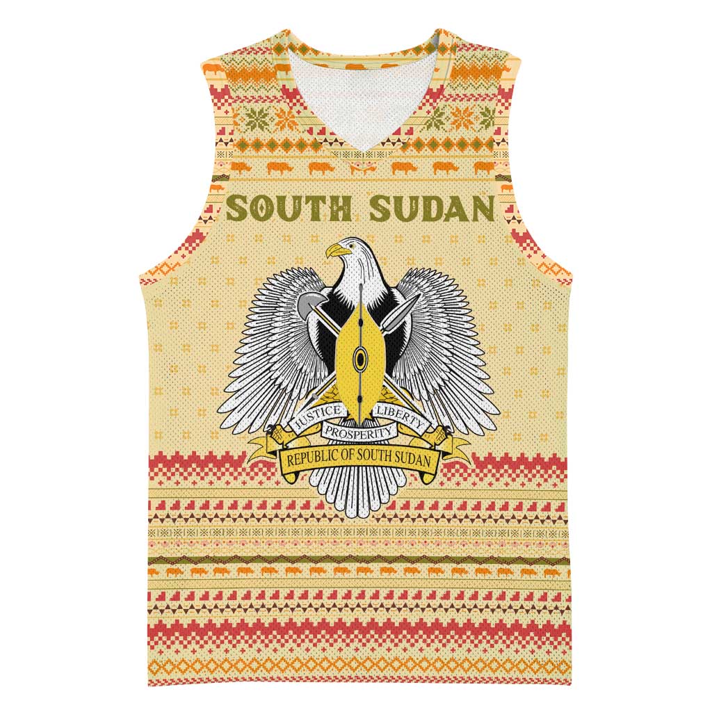 South Sudan Christmas Basketball Jersey Beige Tribal Pattern, National Emblem, and Green Star Motif - African Pride