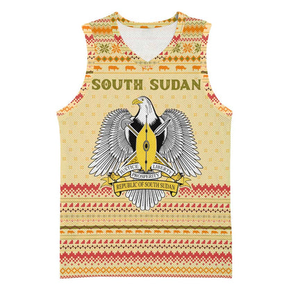 South Sudan Christmas Basketball Jersey Beige Tribal Pattern, National Emblem, and Green Star Motif - African Pride