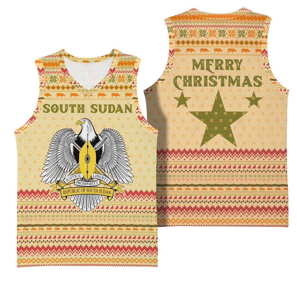 South Sudan Christmas Basketball Jersey Beige Tribal Pattern, National Emblem, and Green Star Motif - African Pride