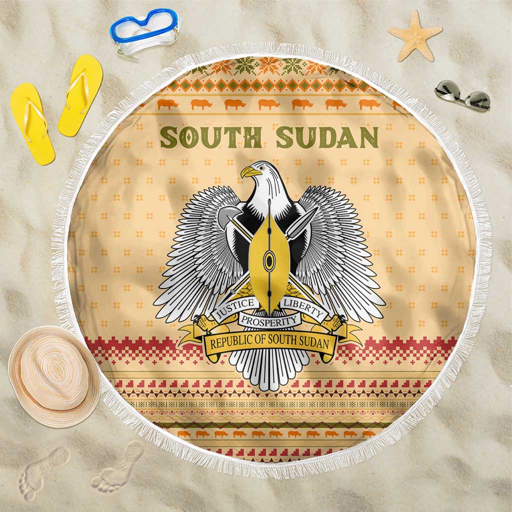 South Sudan Christmas Beach Blanket Beige Tribal Pattern, National Emblem, and Green Star Motif - African Pride