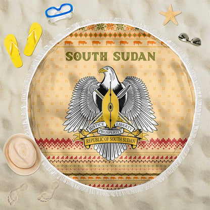 South Sudan Christmas Beach Blanket Beige Tribal Pattern, National Emblem, and Green Star Motif - African Pride