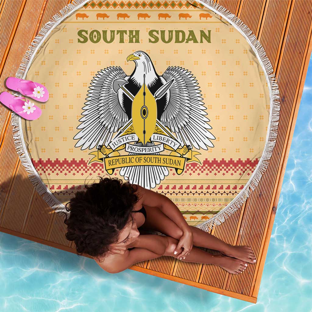 South Sudan Christmas Beach Blanket Beige Tribal Pattern, National Emblem, and Green Star Motif - African Pride