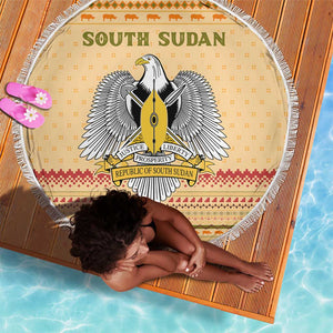 South Sudan Christmas Beach Blanket Beige Tribal Pattern, National Emblem, and Green Star Motif - African Pride