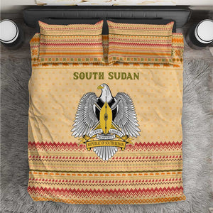 South Sudan Christmas Bedding Set Beige Tribal Pattern, National Emblem, and Green Star Motif - African Pride