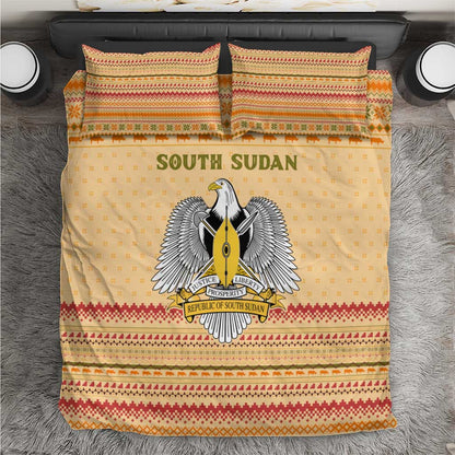 South Sudan Christmas Bedding Set Beige Tribal Pattern, National Emblem, and Green Star Motif - African Pride