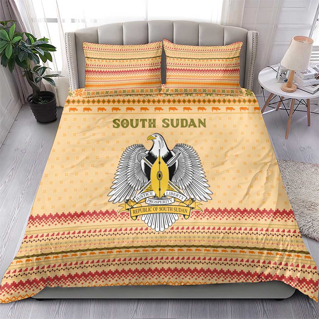 South Sudan Christmas Bedding Set Beige Tribal Pattern, National Emblem, and Green Star Motif - African Pride
