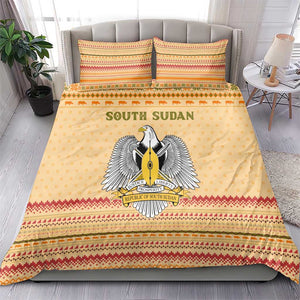South Sudan Christmas Bedding Set Beige Tribal Pattern, National Emblem, and Green Star Motif - African Pride