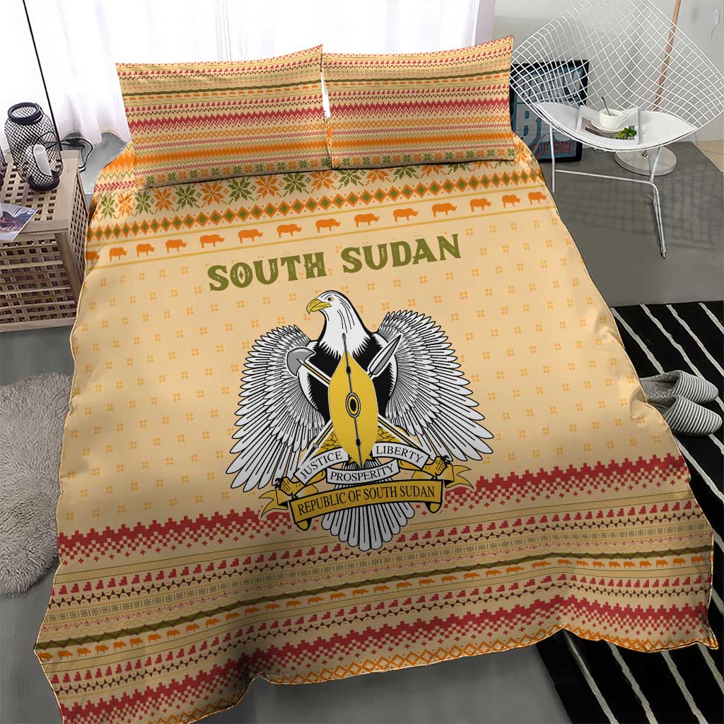 South Sudan Christmas Bedding Set Beige Tribal Pattern, National Emblem, and Green Star Motif - African Pride