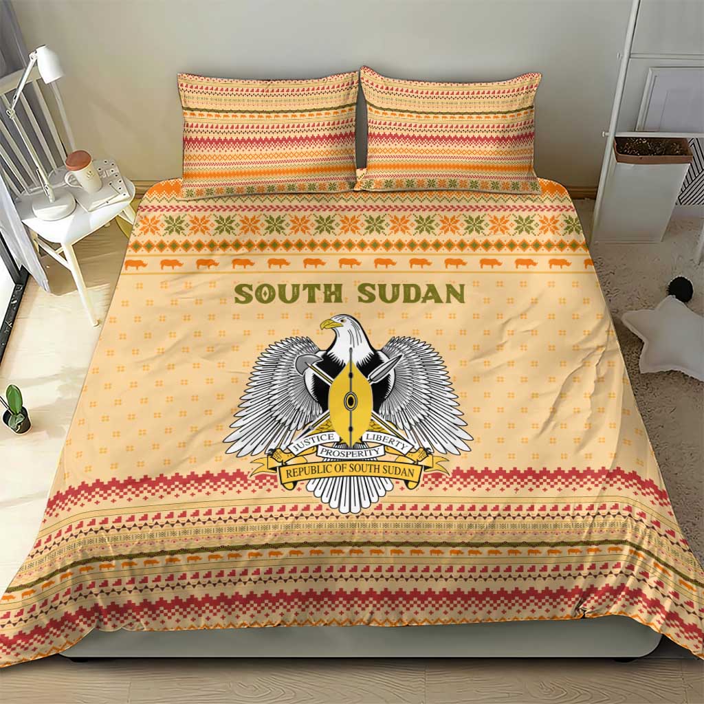South Sudan Christmas Bedding Set Beige Tribal Pattern, National Emblem, and Green Star Motif - African Pride