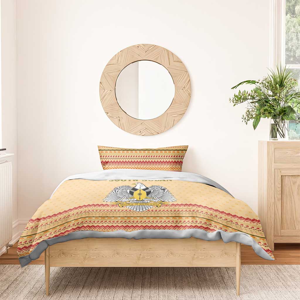 South Sudan Christmas Bedding Set Beige Tribal Pattern, National Emblem, and Green Star Motif - African Pride