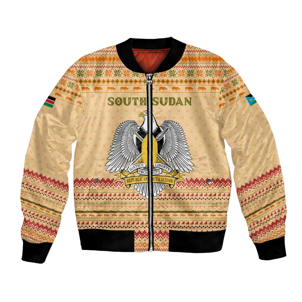 South Sudan Christmas Bomber Jacket Beige Tribal Pattern, National Emblem, and Green Star Motif - African Pride