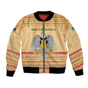 South Sudan Christmas Bomber Jacket Beige Tribal Pattern, National Emblem, and Green Star Motif - African Pride