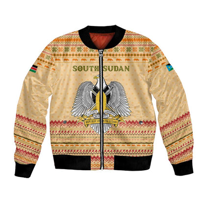 South Sudan Christmas Bomber Jacket Beige Tribal Pattern, National Emblem, and Green Star Motif - African Pride