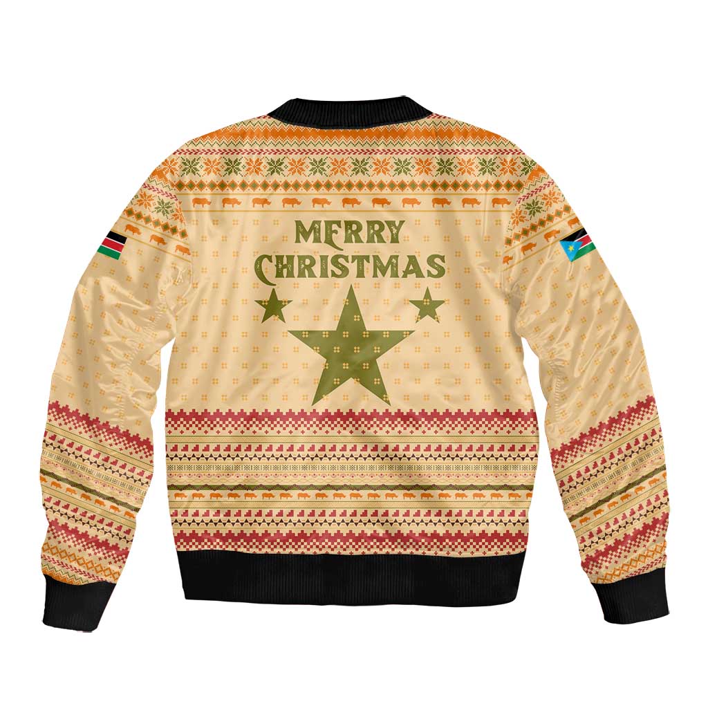 South Sudan Christmas Bomber Jacket Beige Tribal Pattern, National Emblem, and Green Star Motif - African Pride