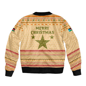 South Sudan Christmas Bomber Jacket Beige Tribal Pattern, National Emblem, and Green Star Motif - African Pride
