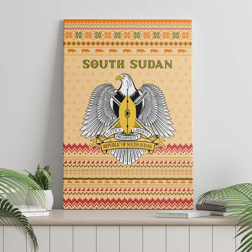 South Sudan Christmas Canvas Wall Art Beige Tribal Pattern, National Emblem, and Green Star Motif - African Pride