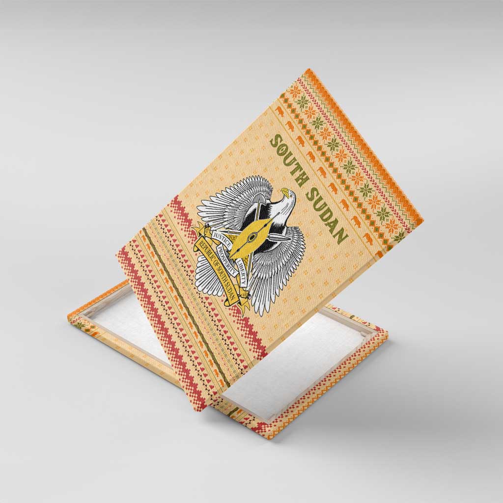 South Sudan Christmas Canvas Wall Art Beige Tribal Pattern, National Emblem, and Green Star Motif - African Pride