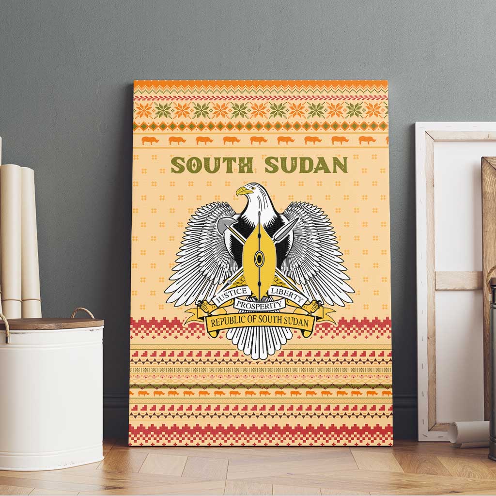 South Sudan Christmas Canvas Wall Art Beige Tribal Pattern, National Emblem, and Green Star Motif - African Pride