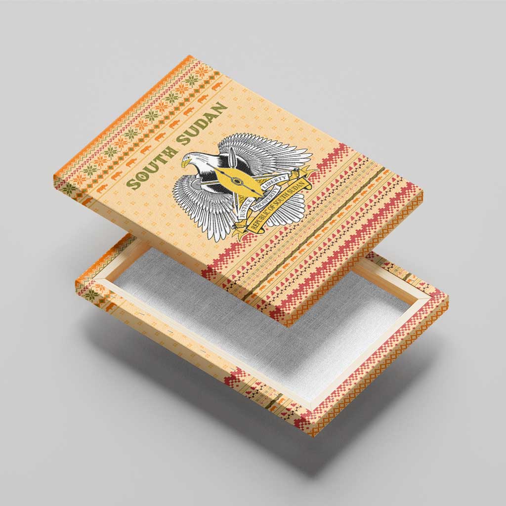 South Sudan Christmas Canvas Wall Art Beige Tribal Pattern, National Emblem, and Green Star Motif - African Pride