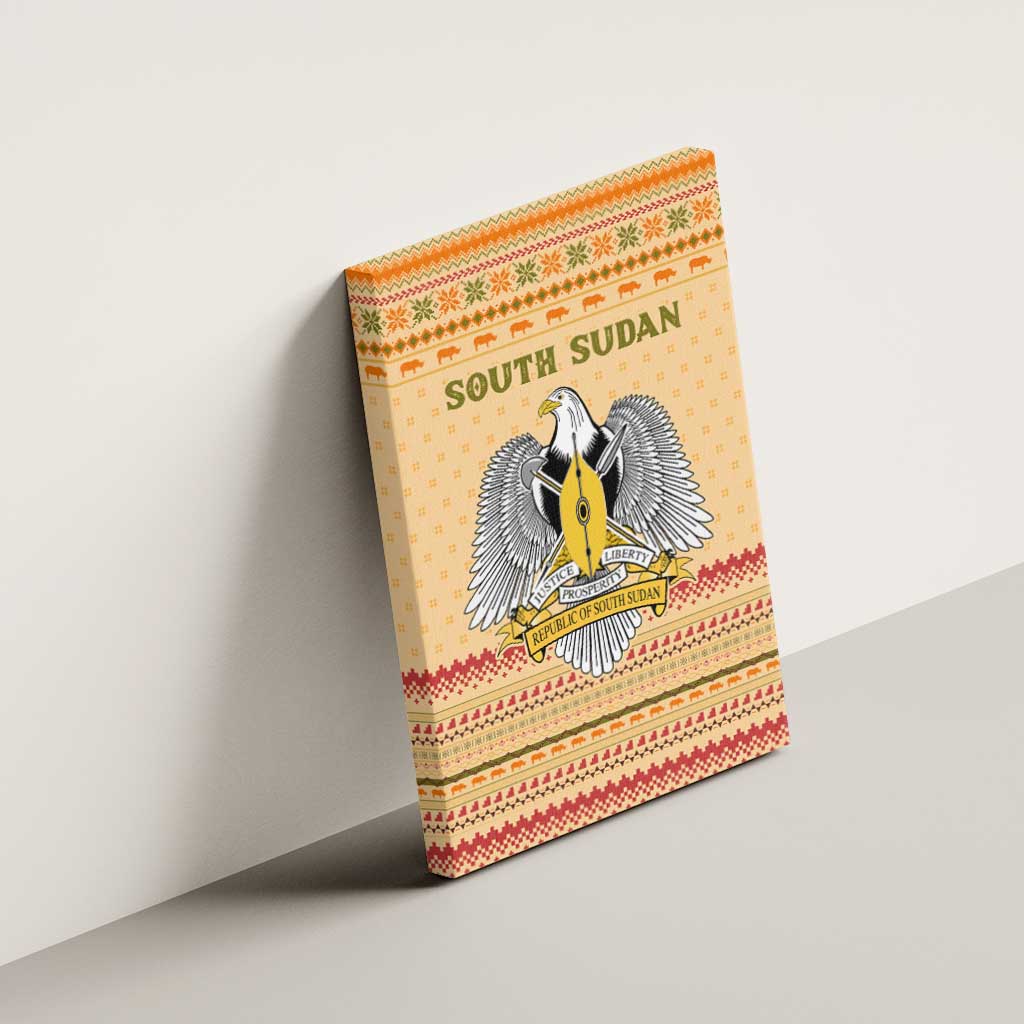 South Sudan Christmas Canvas Wall Art Beige Tribal Pattern, National Emblem, and Green Star Motif - African Pride