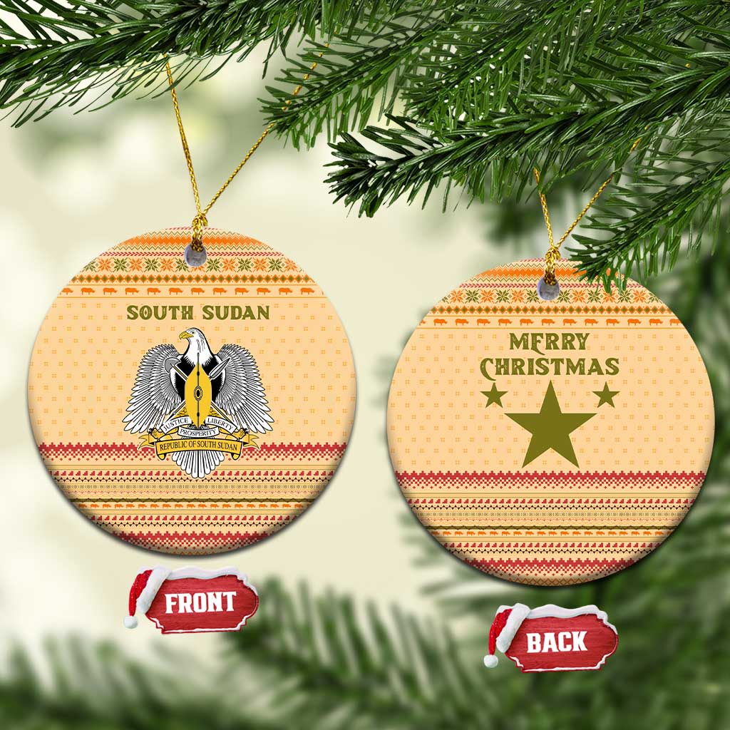 South Sudan Christmas Ceramic Ornament Beige Tribal Pattern, National Emblem, and Green Star Motif - African Pride