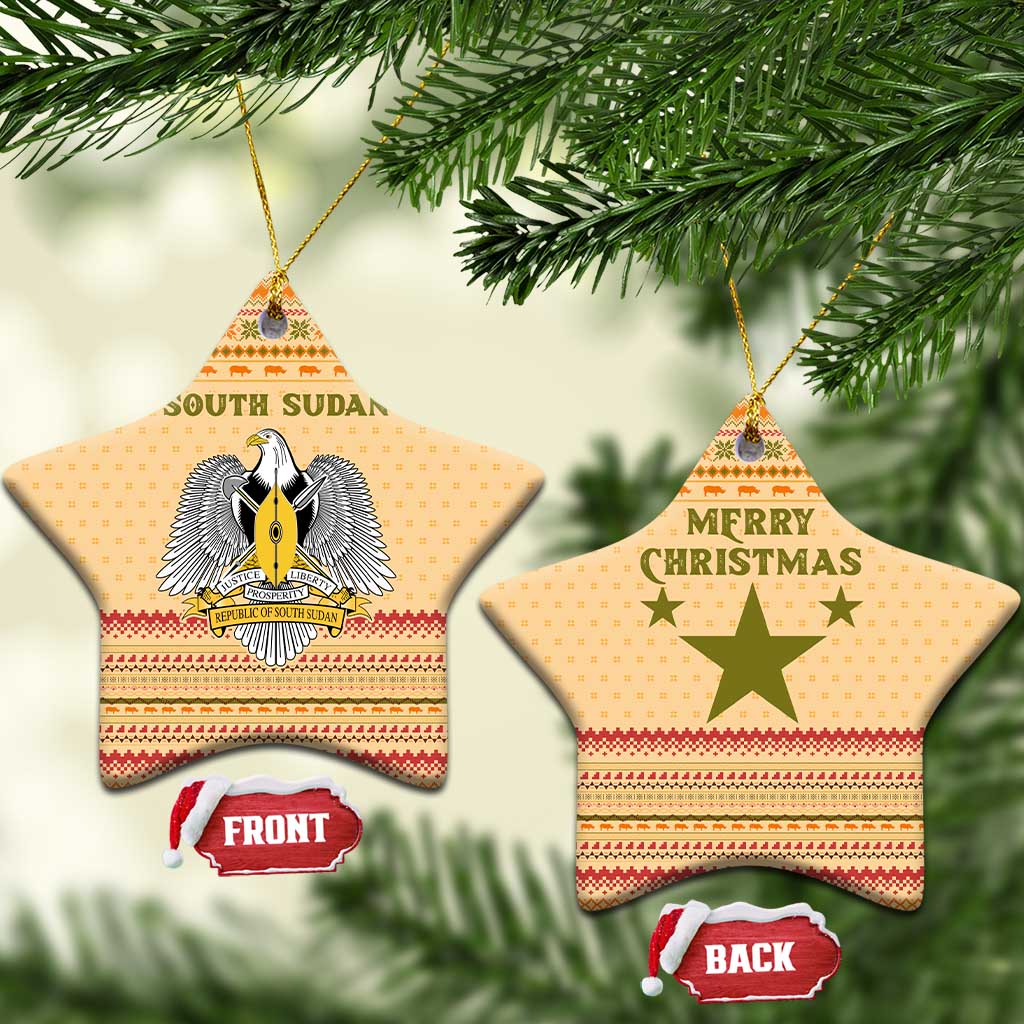 South Sudan Christmas Ceramic Ornament Beige Tribal Pattern, National Emblem, and Green Star Motif - African Pride