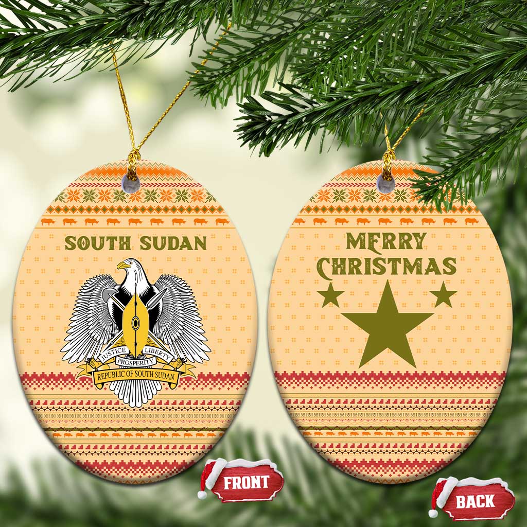 South Sudan Christmas Ceramic Ornament Beige Tribal Pattern, National Emblem, and Green Star Motif - African Pride