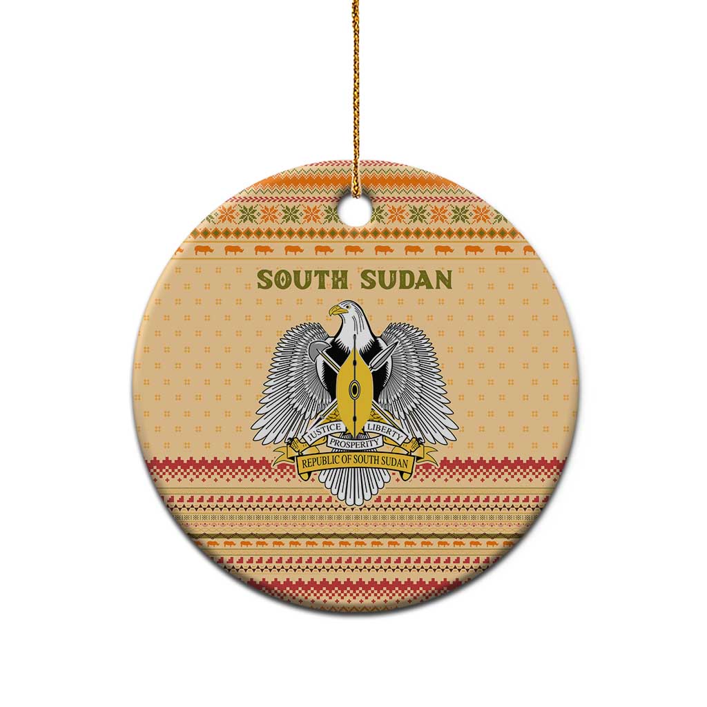 South Sudan Christmas Ceramic Ornament Beige Tribal Pattern, National Emblem, and Green Star Motif - African Pride