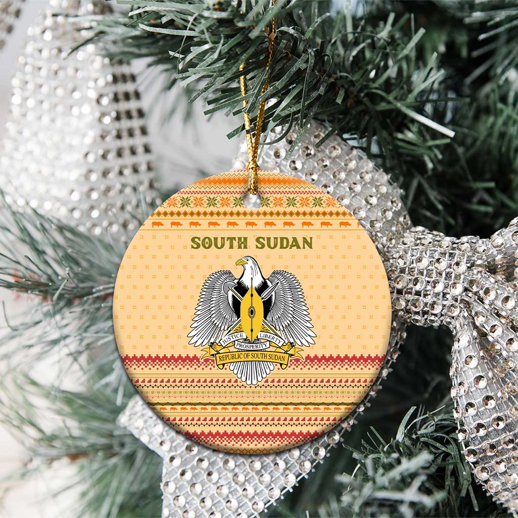 South Sudan Christmas Ceramic Ornament Beige Tribal Pattern, National Emblem, and Green Star Motif - African Pride