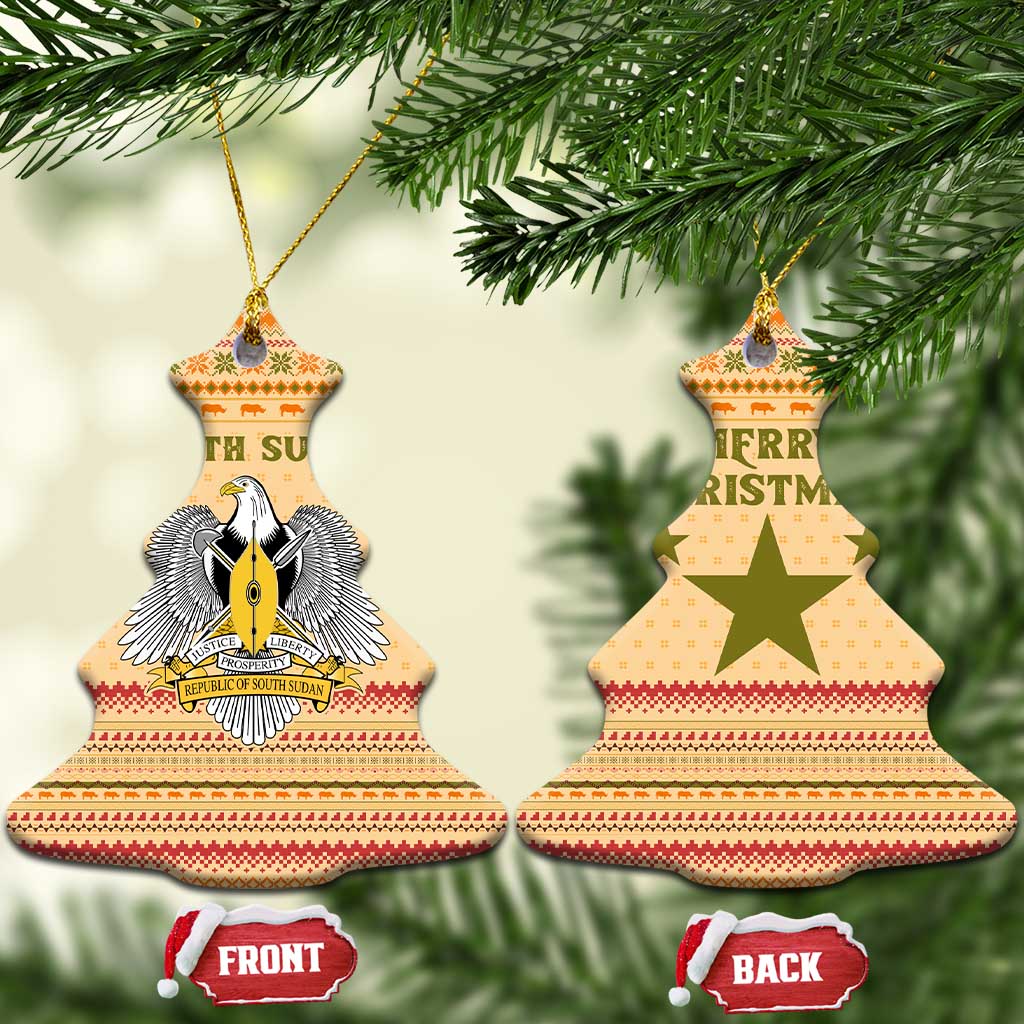 South Sudan Christmas Ceramic Ornament Beige Tribal Pattern, National Emblem, and Green Star Motif - African Pride