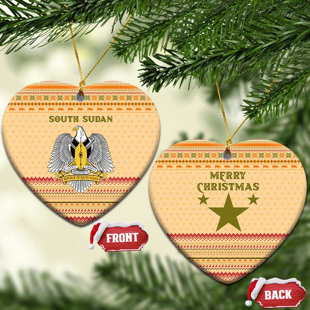South Sudan Christmas Ceramic Ornament Beige Tribal Pattern, National Emblem, and Green Star Motif - African Pride