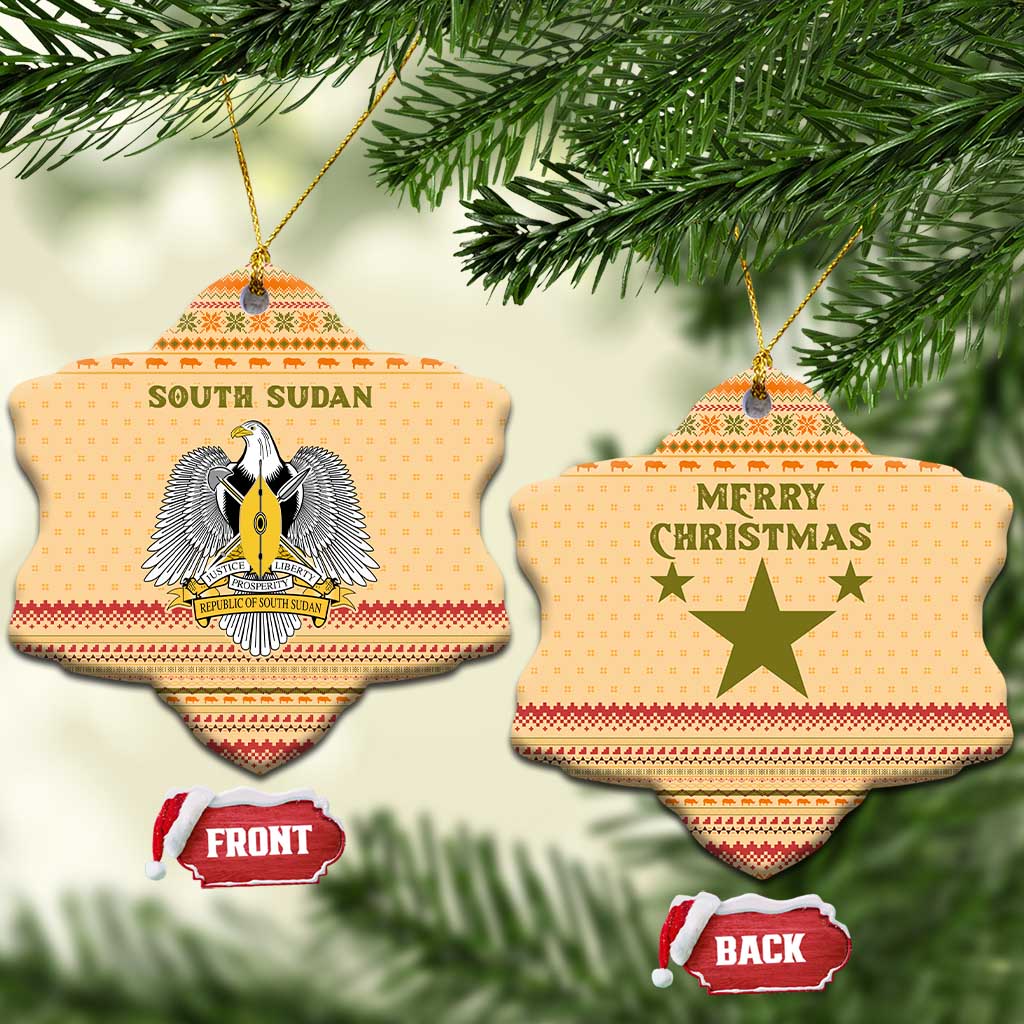 South Sudan Christmas Ceramic Ornament Beige Tribal Pattern, National Emblem, and Green Star Motif - African Pride