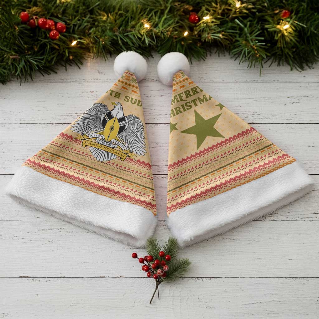 South Sudan Christmas Santa Hat Beige Tribal Pattern, National Emblem, and Green Star Motif - African Pride