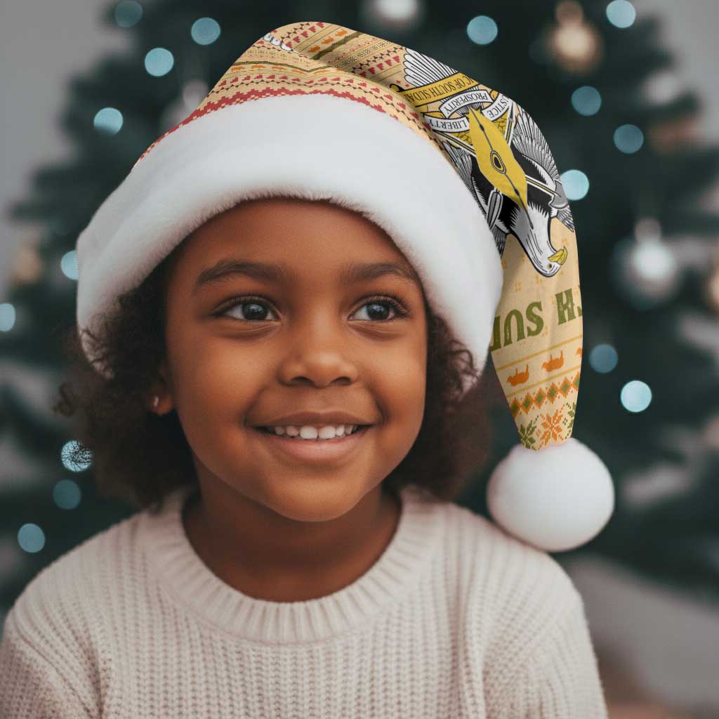 South Sudan Christmas Santa Hat Beige Tribal Pattern, National Emblem, and Green Star Motif - African Pride