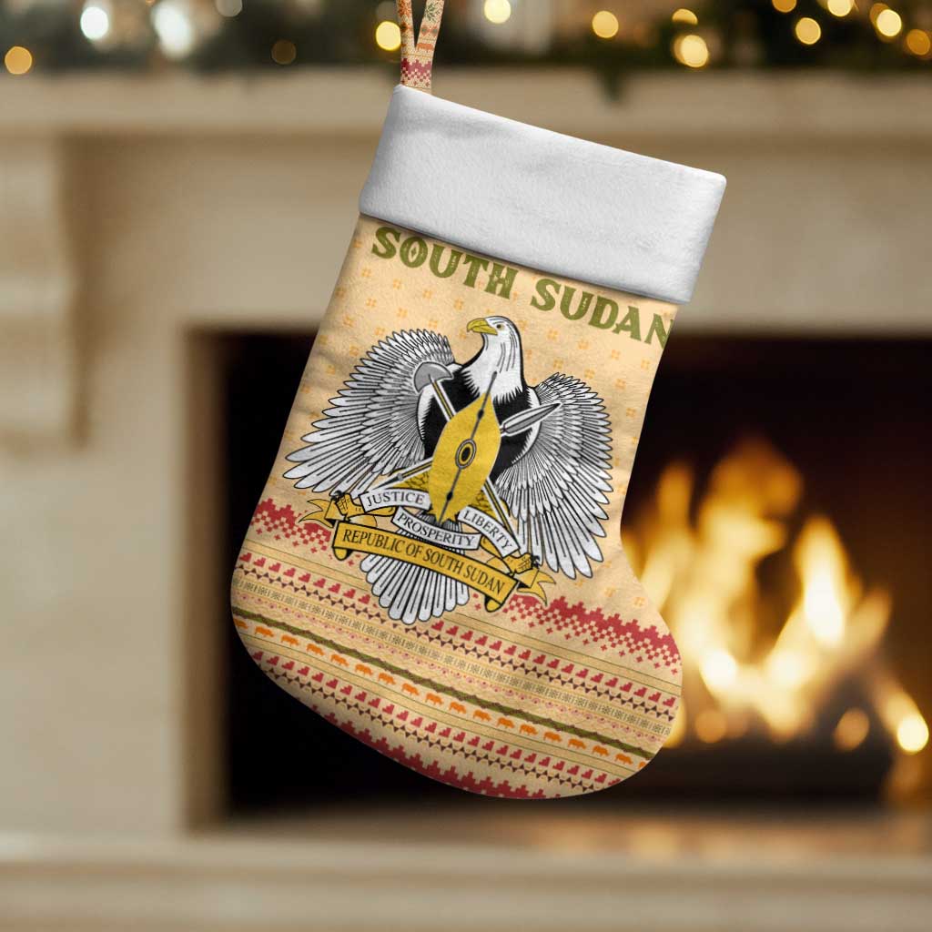 South Sudan Christmas Stocking Beige Tribal Pattern, National Emblem, and Green Star Motif - African Pride