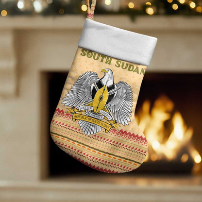 South Sudan Christmas Stocking Beige Tribal Pattern, National Emblem, and Green Star Motif - African Pride