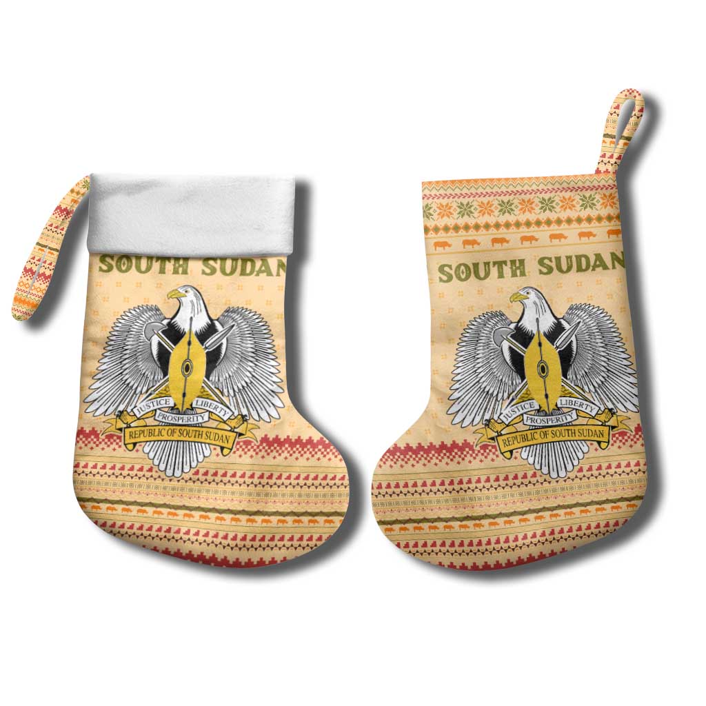 South Sudan Christmas Stocking Beige Tribal Pattern, National Emblem, and Green Star Motif - African Pride