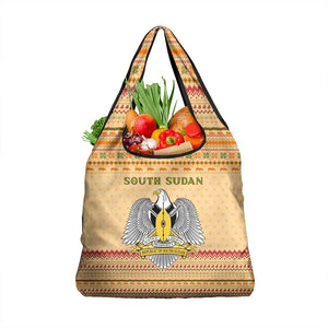 South Sudan Christmas Grocery Bag Beige Tribal Pattern, National Emblem, and Green Star Motif - African Pride