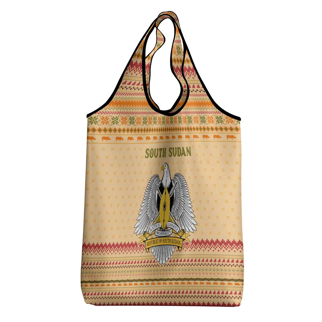 South Sudan Christmas Grocery Bag Beige Tribal Pattern, National Emblem, and Green Star Motif - African Pride