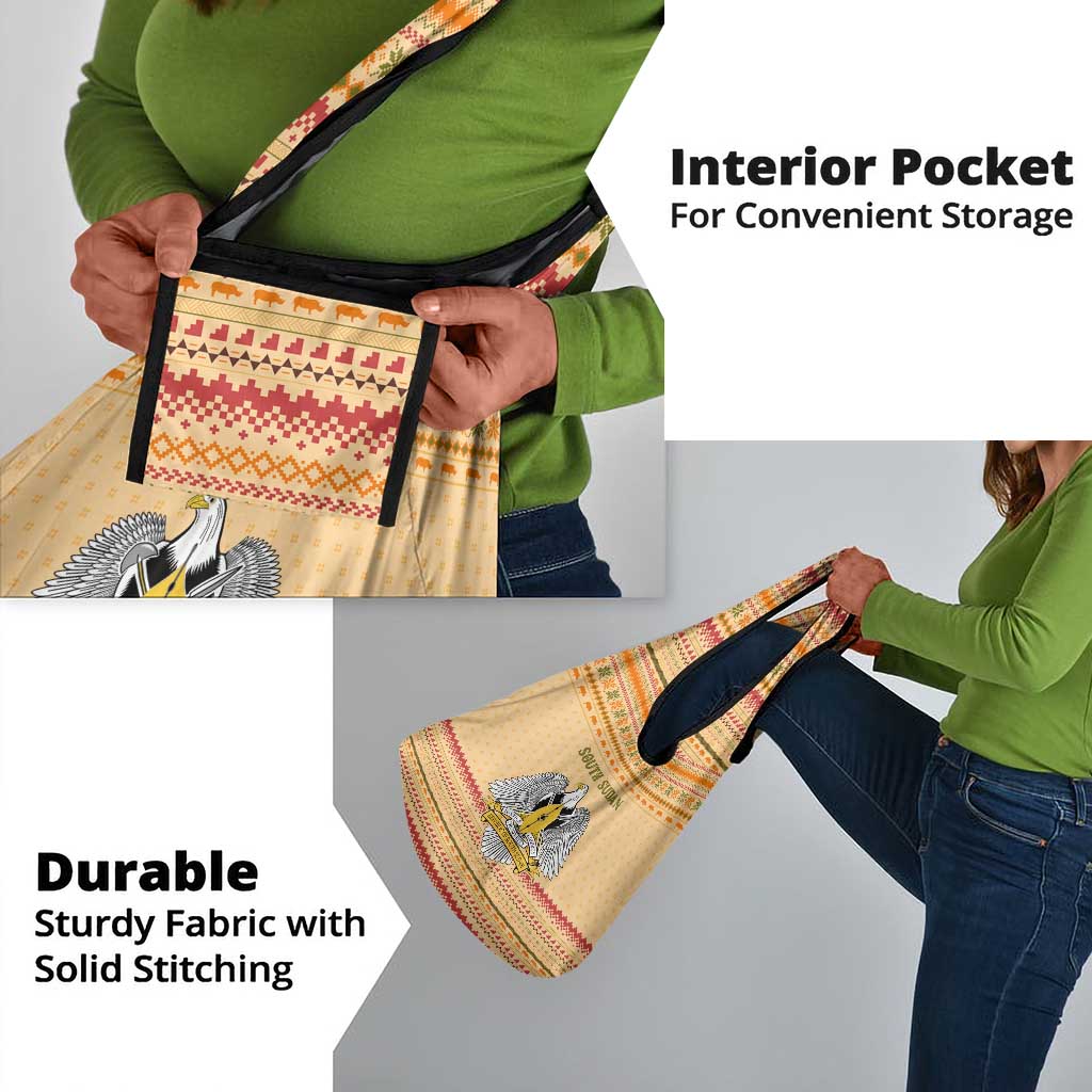 South Sudan Christmas Grocery Bag Beige Tribal Pattern, National Emblem, and Green Star Motif - African Pride