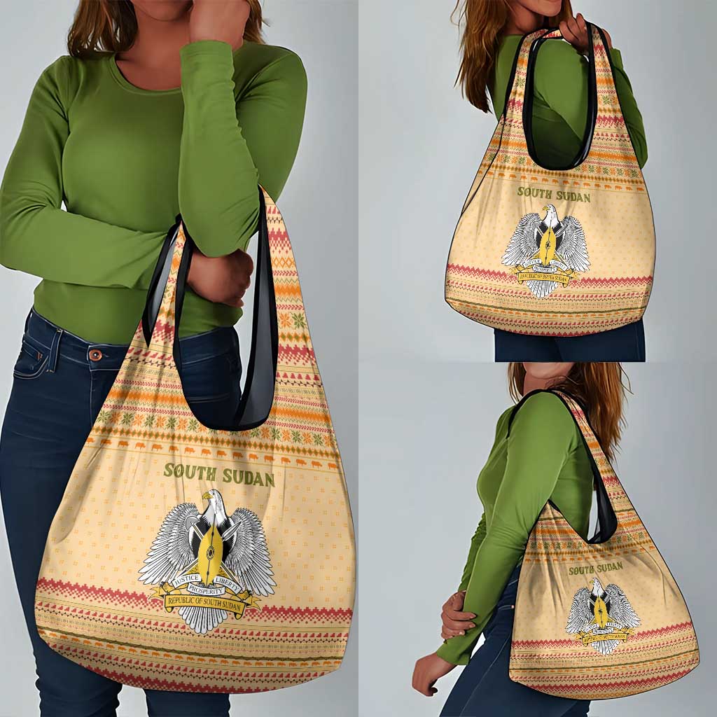 South Sudan Christmas Grocery Bag Beige Tribal Pattern, National Emblem, and Green Star Motif - African Pride