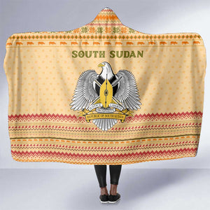 South Sudan Christmas Hooded Blanket Beige Tribal Pattern, National Emblem, and Green Star Motif - African Pride