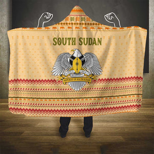 South Sudan Christmas Hooded Blanket Beige Tribal Pattern, National Emblem, and Green Star Motif - African Pride