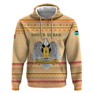 South Sudan Christmas Hoodie Beige Tribal Pattern, National Emblem, and Green Star Motif - African Pride