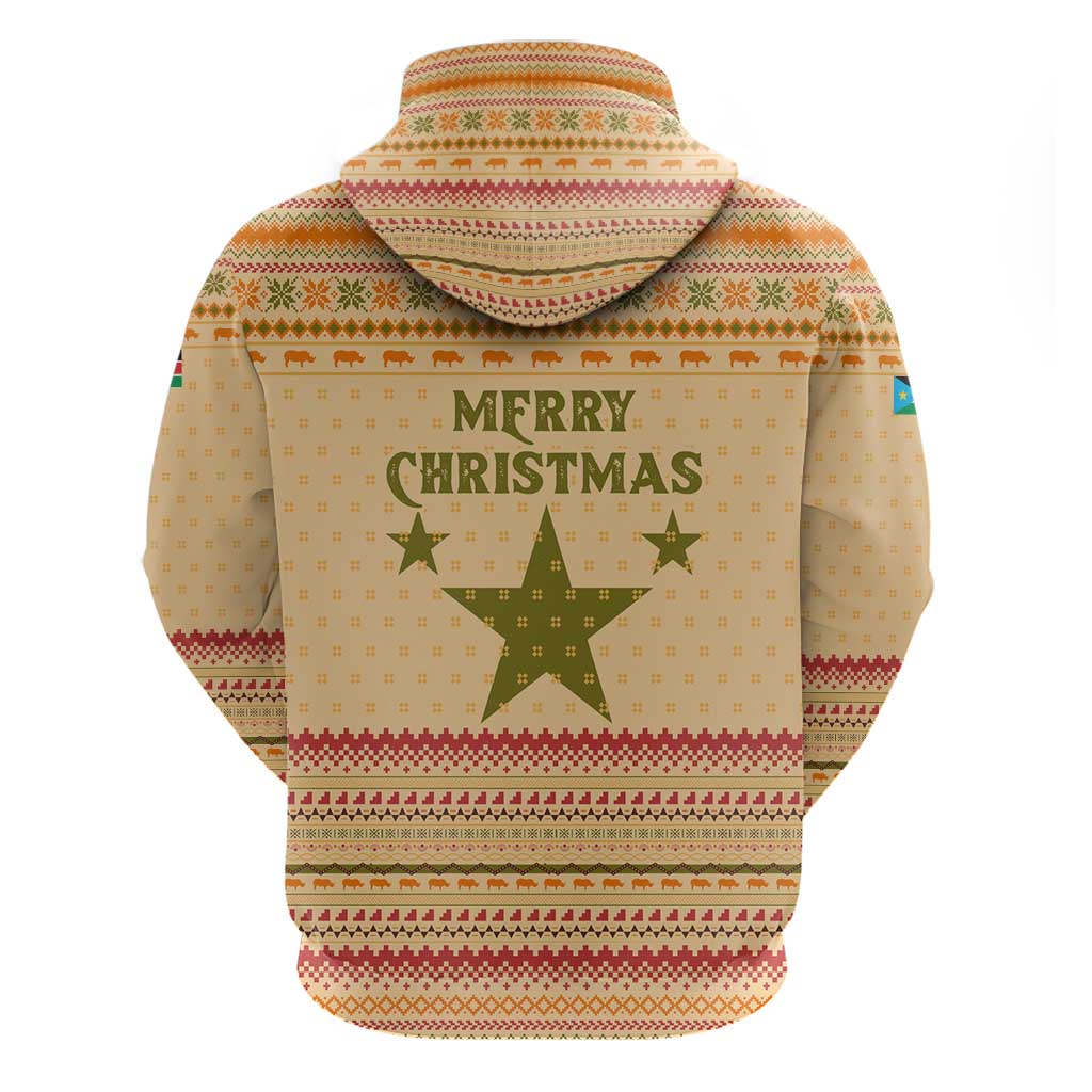 South Sudan Christmas Hoodie Beige Tribal Pattern, National Emblem, and Green Star Motif - African Pride