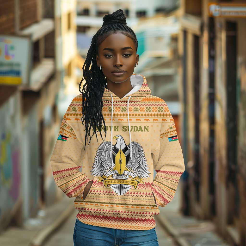 South Sudan Christmas Hoodie Beige Tribal Pattern, National Emblem, and Green Star Motif - African Pride