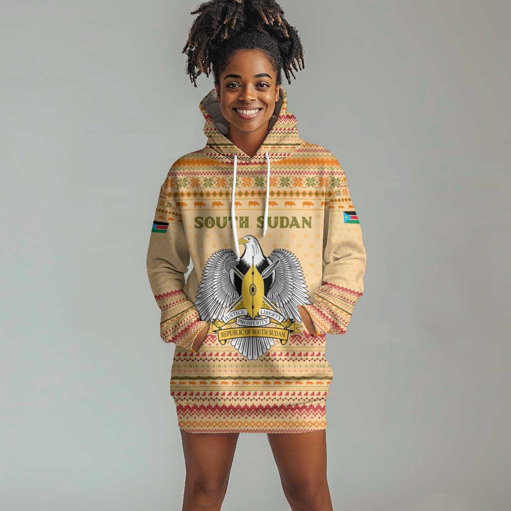 South Sudan Christmas Hoodie Dress Beige Tribal Pattern, National Emblem, and Green Star Motif - African Pride