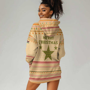 South Sudan Christmas Hoodie Dress Beige Tribal Pattern, National Emblem, and Green Star Motif - African Pride