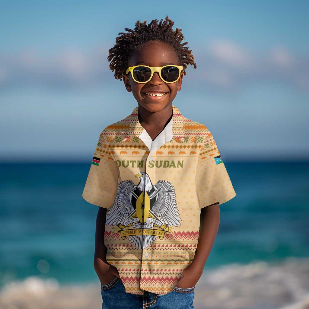 South Sudan Christmas Kid Hawaiian Shirt Beige Tribal Pattern, National Emblem, and Green Star Motif - African Pride